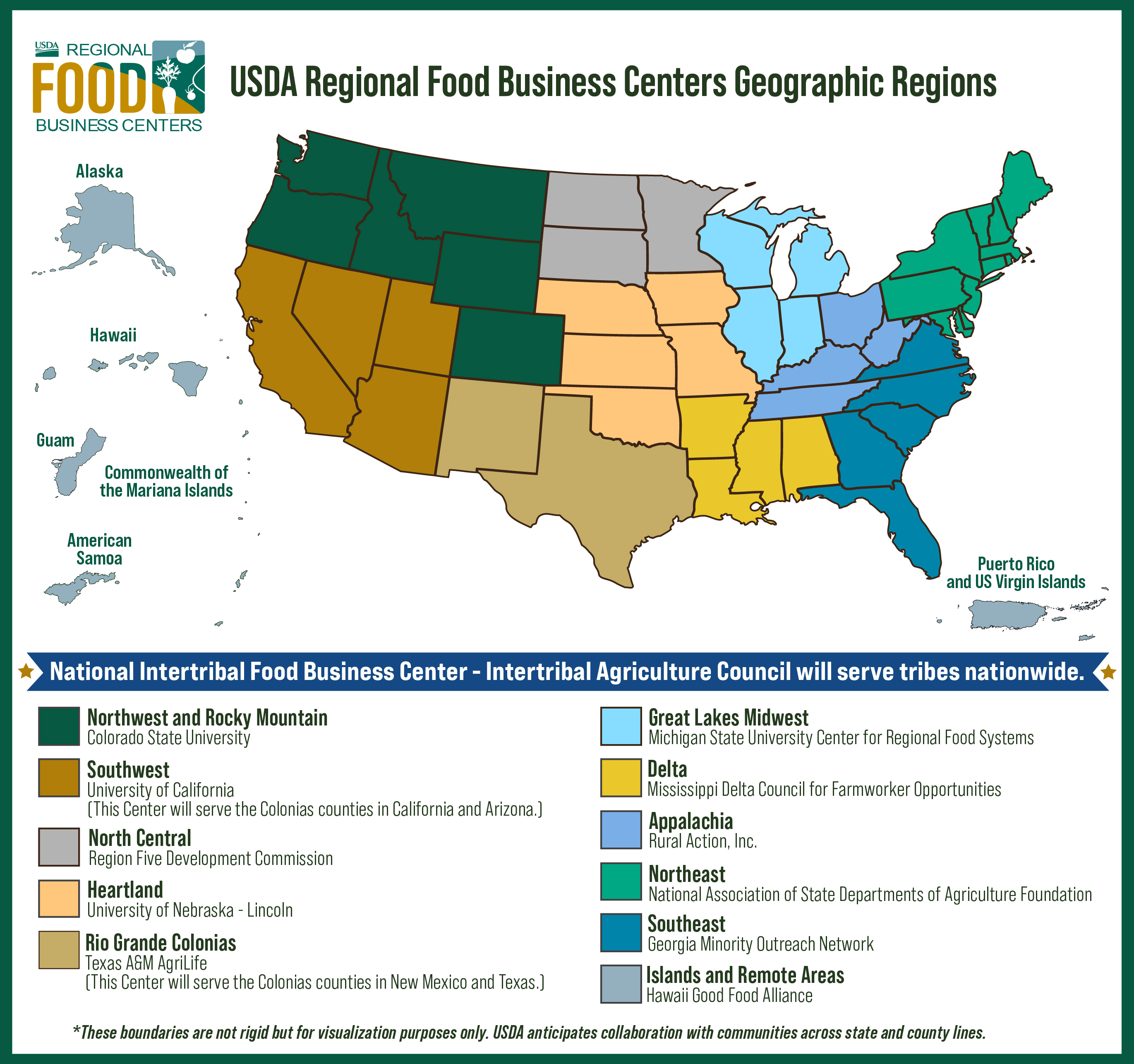 This map of the United States that shows the names of the 12 regional food business centers and their associated regions. The centers are named National Intertribal Food Business Center, Northwest and Rocky Mountains Food Business Center, Southwest Food Business Center, North Central Food Business Center, Heartland Food Business Center, Rio Grande ColoniasFood Business Center, Great Lakes Midwest Food Business Center, Delta Food Business Center, Appalachia Food Business Center, Northeast Food Business Center, Southwest Food Business Center, and Island and Remote Areas Food Business Center.  Clicking on this map will open a PDF file that describes the regions in more detail.