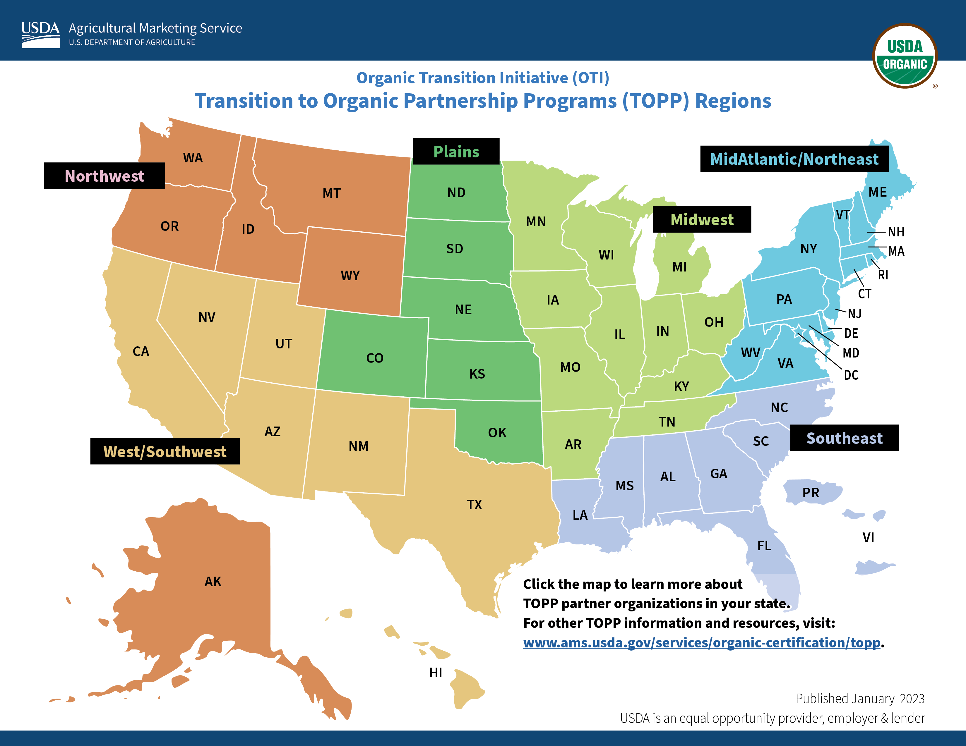 Map of Transition to Organic Partnership Programs (TOPP) Regions.  Use the interactive PDF below to explore the contacts.