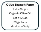 Example of a non-retail organic product label for a raw commodity, organic olive oil.