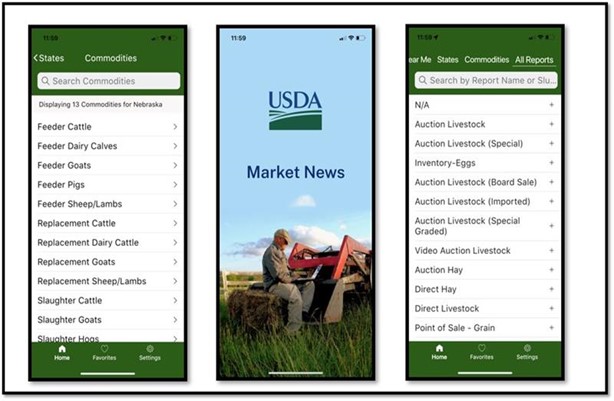 Three photos show screenshots of the new USDA Market News Mobile Application on a mobile phone.